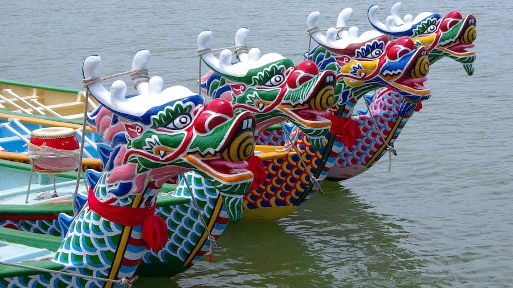 Colorful Dragon Boats Decorated for Festival